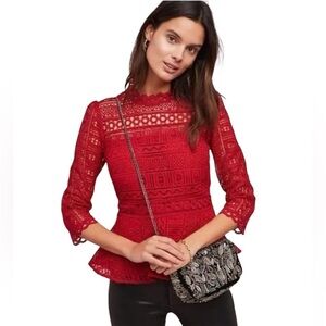 Anthropologie Moulinette Soeurs Tamera Red Lace Peplum Top Size 4 EUC